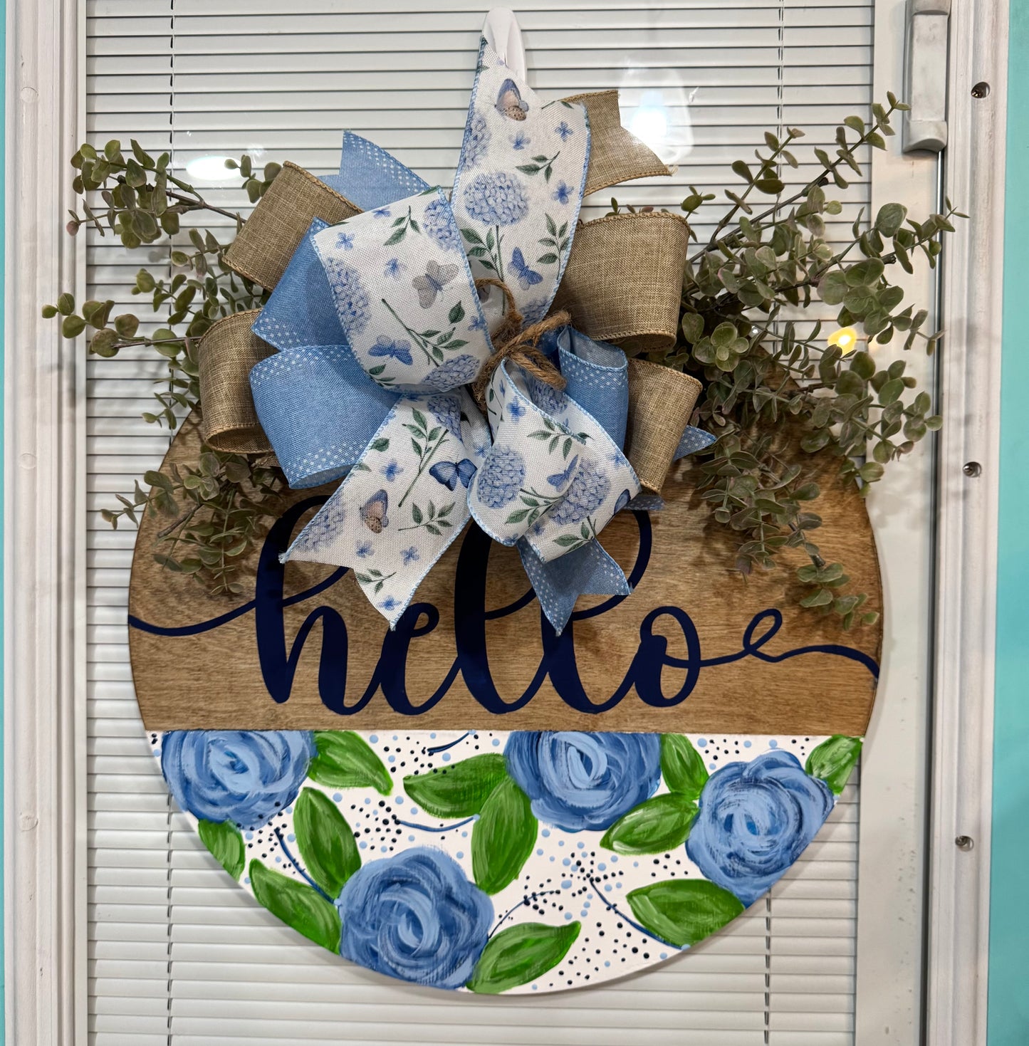 Hello Blue Flower Door Hanger
