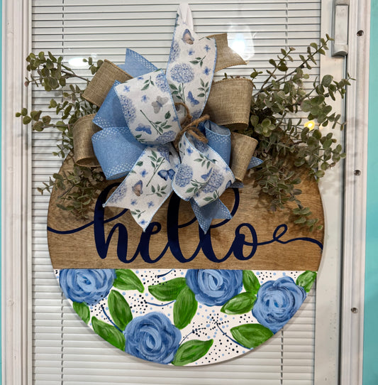 Hello Blue Flower Door Hanger