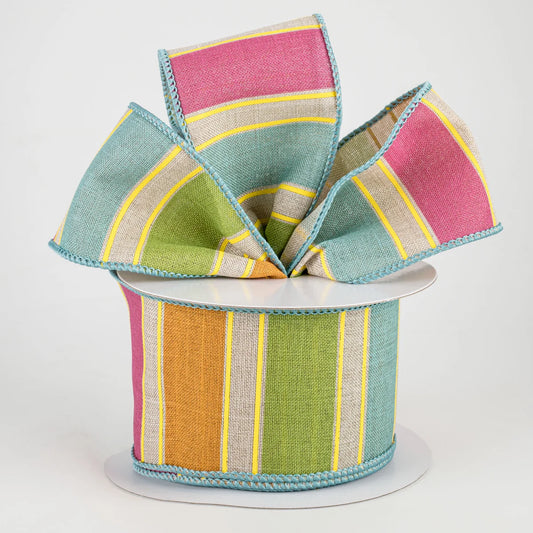 2.5" Bold Stripes Ribbon: Light Natural, Pink, Orange, Green, Yellow